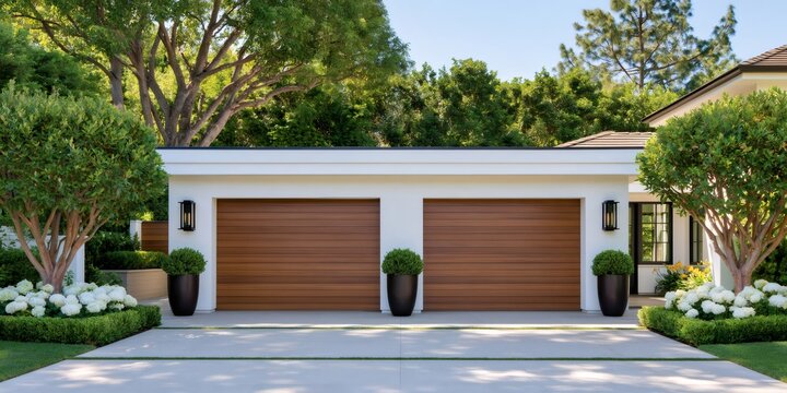 Modern luxury home garage with wood doors and lush landscaping