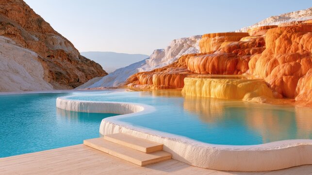 Sculpted volcanic mineral pools with white and orange terraced rock formations under clear blue sky, mineral landscape