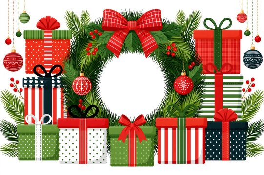 Christmas wreath with many gifts and ornaments frame