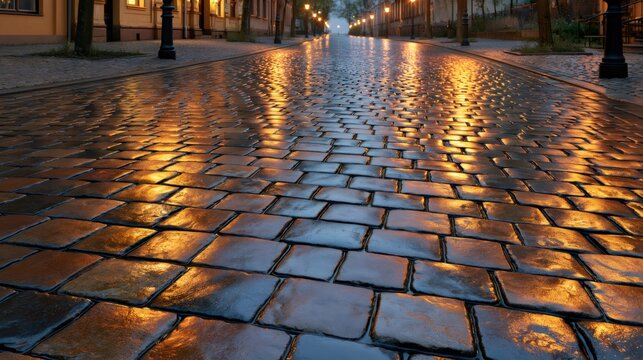 Wet cobblestone street reflecting city lights at night