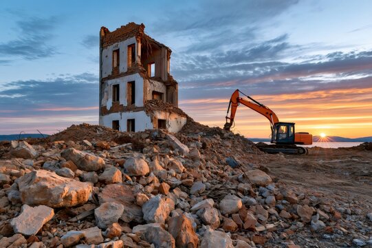Demolition site with excavator and ruined building at sunset