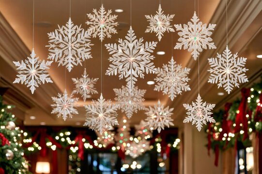 Snowflake lights hanging as Christmas holiday decorations indoors