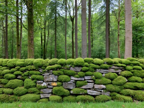 Mossy dry stone wall in tranquil forest