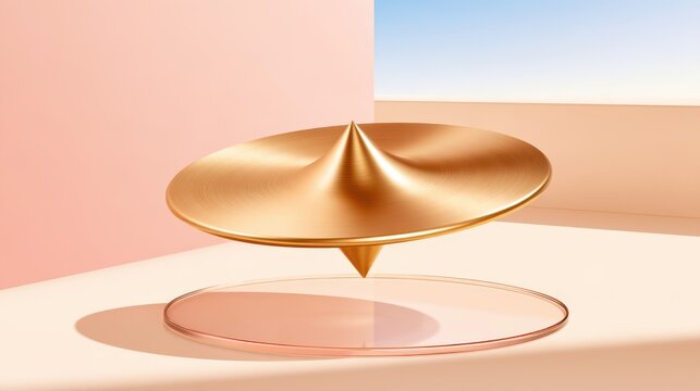 Peach surface with brushed brass spinning gyroscope on glass disk, precision metal kinetic sculpture