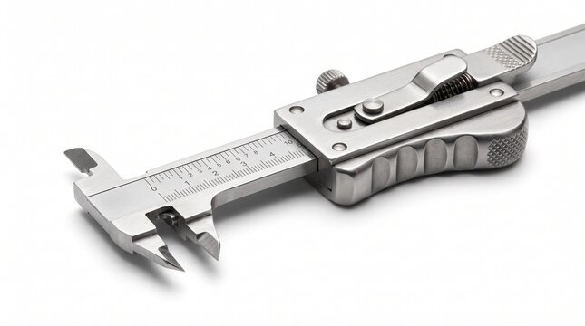 Stainless steel Vernier caliper measuring tool, precision metallic measurement equipment on white background