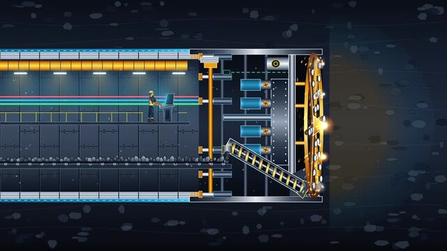 Tunnel Boring Machine TBM Underground Excavation with Rotating Cutterhead and Concrete Lining Loop