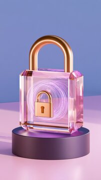 Object scene, transparent crystal padlock with glowing purple core and golden shackle standing on cylindrical pedestal, digital data protection