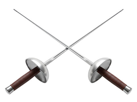 Crossed fencing sword with brown leather grip and silver bell guard. Professional sport equipment for competitive duel, combat, and martial art.