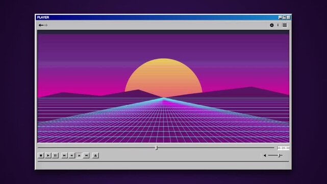 Retrofuturistic synthwave video player interface with glowing sun and neon grid background