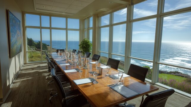 Modern corporate conference room with executive meeting table and panoramic ocean view, luxury business office interior, professional workspace, coastal architecture, glass windows, elegant boardroom 