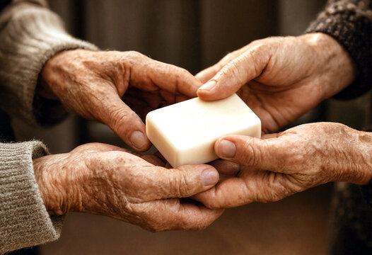 Elderly hands gently passing a bar of soap in a caring and supportive gesture