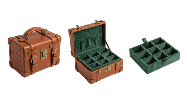 Brown leather jewelry case with green velvet interior and removable compartment tray isolated on a transparent background
