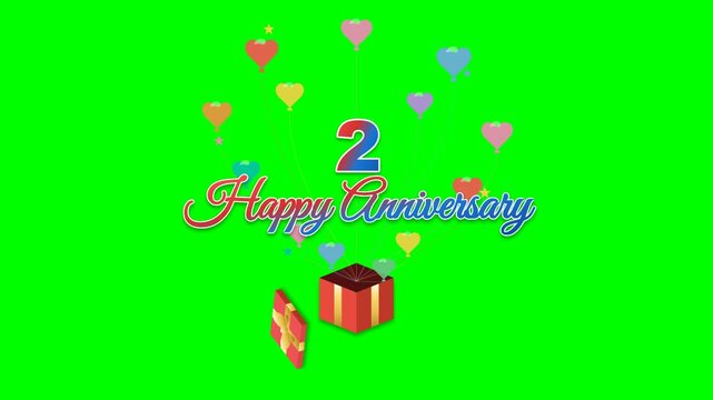 Professional 4K motion graphic on green screen. A red birthday gift box scales in, its lid pops open in a precise arc and lands on the floor. An elegant bouquet of colorful heart-shaped balloons, a re