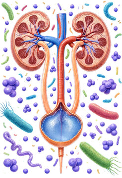 Human urinary system illustration showing kidneys bladder and various bacteria microorganisms around