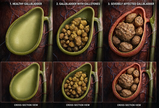 Medical illustration showing healthy gallbladder versus gallbladder with stones and severely affected gallbladder cross sections