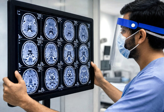 Medical professional examining brain MRI scan images in a healthcare facility with protective gear
