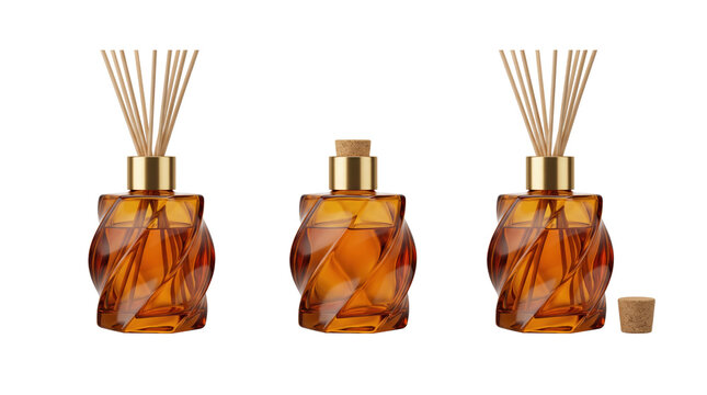Three amber glass reed diffuser bottles with wooden sticks and corks isolated on a transparent background