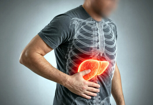 Person holding side showing inflamed liver area with transparent medical overlay illustration