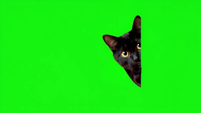 Curious Black Cat Peeking from Behind Edge with Wide Yellow Eyes on Bright Green Screen Background, Cute Playful Pet with Copy Space and Chroma Key