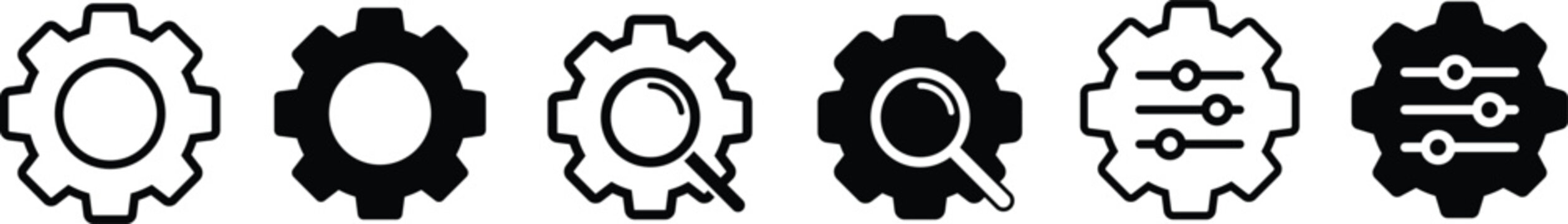 System Gear Vector Icon Set featuring Magnifying Glass Search and Equalizer Sliders Control Panel