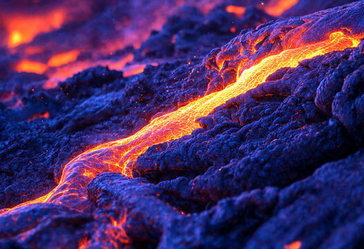 Stunning Glowing Lava Flowing Through Dark Volcanic Rock During Nighttime Eruption Scene