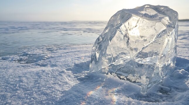 Large clear ice block refracting sunlight on a frozen snowy lake surface during a cold winter day