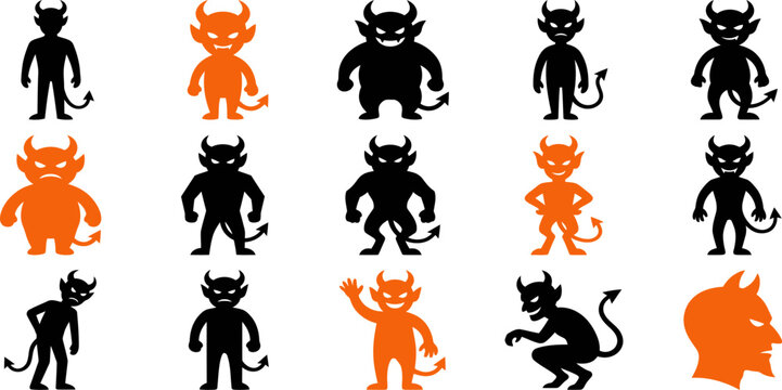 Collection of cartoon devil cat characters in various poses and colors