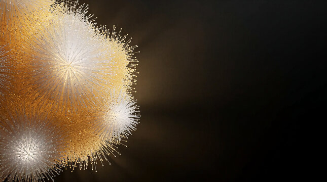 Transparent glass pollen cloud with glowing open source model structure in dark void