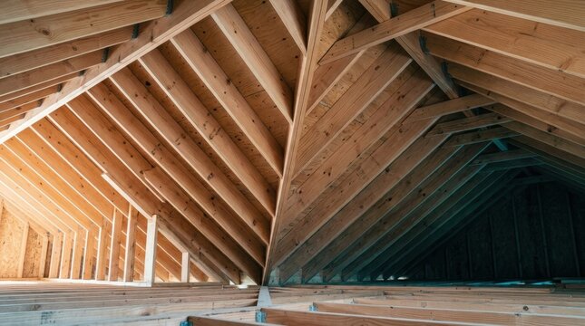 View inside attic space showing wooden roof trusses and ceiling joists.