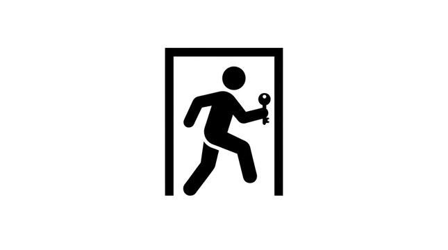 Person holding a key walking through a doorway icon
