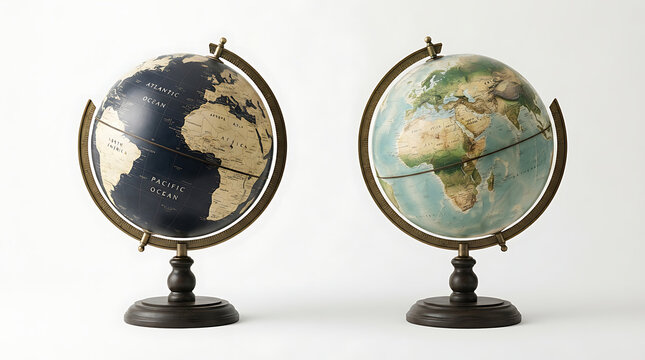 Two vintage style world globes on a desk