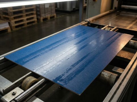 print roller banding defect Blue laminate sheet on conveyor rollers in an industrial manufacturing setting