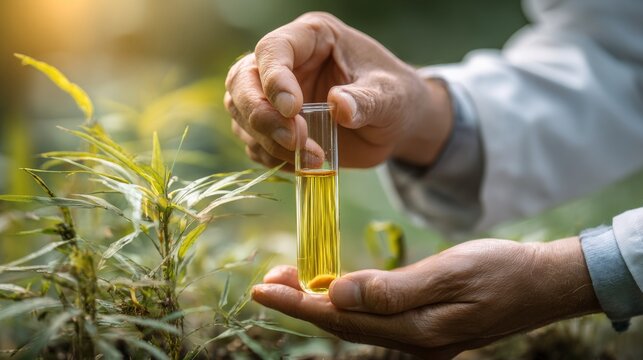 Agricultural science researcher holding test tube with organic soil sample in eco friendly laboratory, sustainable farming, plant growth, environmental chemistry and natural agriculture innovation