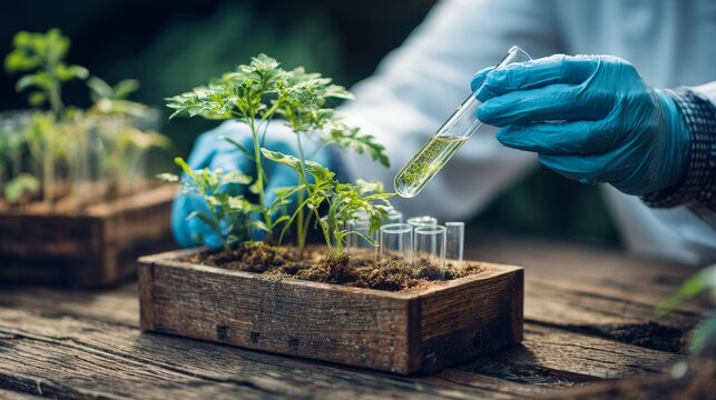 Agricultural science researcher holding test tube with organic soil sample in eco friendly laboratory, sustainable farming, plant growth, environmental chemistry and natural agriculture innovation