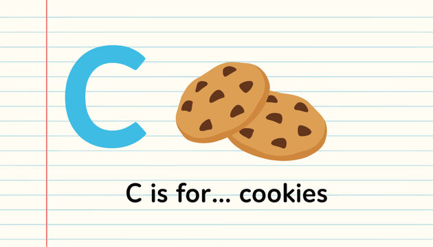 Alphabet flash card for learning the letter c showing delicious looking chocolate chip cookies on a notebook paper background.