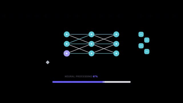 Neural network processing loading animation showing data inputs moving through connected artificial intelligence nodes, with signals propagating across the network and processed outputs completing fro
