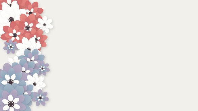 Premium animated floral background featuring two opposing currents of layered coral, lavender gray, dusty blue, and warm white flowers. Upper flowers rotate clockwise while lower flowers rotate counte