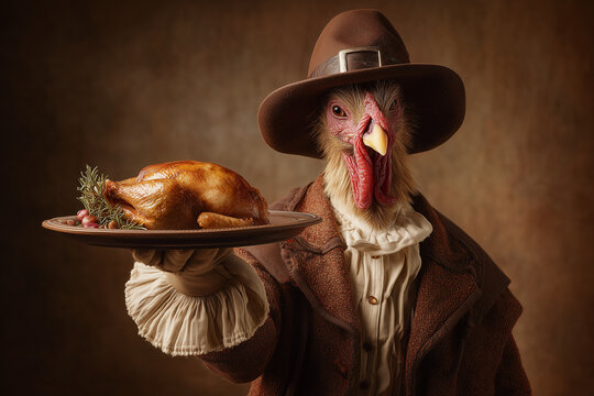 Colonist Turkey Offering Turkey for Thanksgiving in Pilgrim Hat and Brown Colonial Coat with Rustic Roast Meal Display