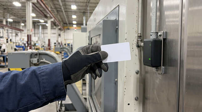 Worker in protective gloves scanning white blank RFID access card on modern reader reader in industrial manufacturing factory environment.
