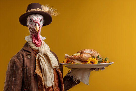 Colonist Turkey Offering Turkey for Thanksgiving in Striped Colonial Outfit with Sunflower Garnish Against Bright Autumn Yellow Backdrop