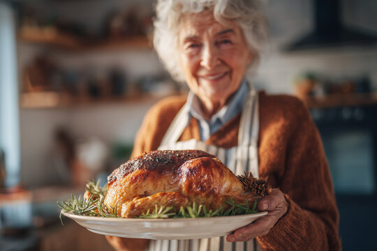 Offering Thanksgiving Dinner with Warm Smile from Elderly Woman in Cozy Kitchen Setting with Freshly Roasted Holiday Turkey