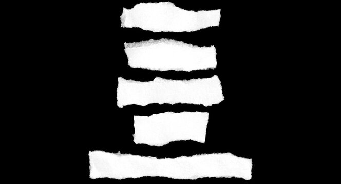 Five white torn paper strips with rough edges arranged in a stack against a dark black background texture