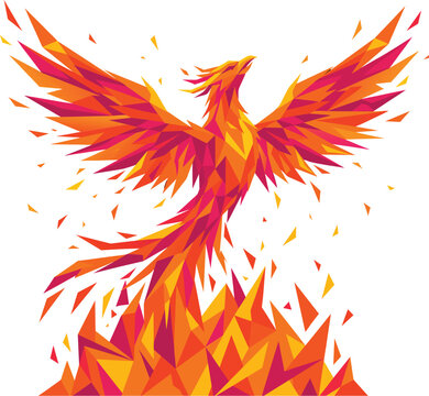 Colorful Geometric Phoenix Rising from Flames on Black Background, Fiery Mythical Bird Symbolizing Rebirth and Transformation