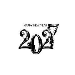 Happy new year 2027 text design. Black ink brush stroke typography on white background. Minimalist flat vector illustration for calendar, greeting card, poster, and holiday graphic design projects © Raj Studio 
