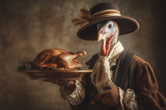 Colonist Turkey Offering Turkey for Thanksgiving in Feathered Colonial Hat and Dimly Lit Harvest Setting with Roasted Meal
