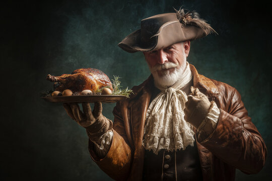 American Colonist Offering Turkey in Leather Coat and Tricorne Hat with Steaming Feast for Vintage Thanksgiving Scene