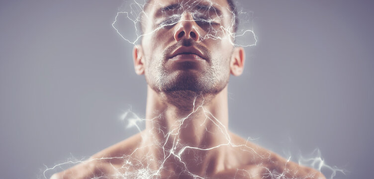 Man radiating electric energy, lightning branching over his face and torso, conveying inner strength, focus, and power