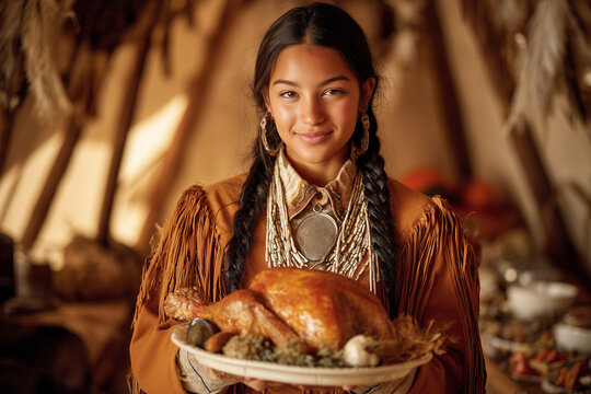 Native Offering Turkey by Young Girl in Warm Traditional Home Setting for Thanksgiving Celebration with Ancestral Spirit