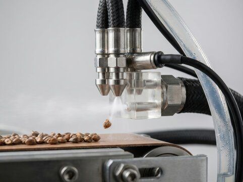 precision seed sorting machine Close-up of coffee beans being sorted by an industrial machine.