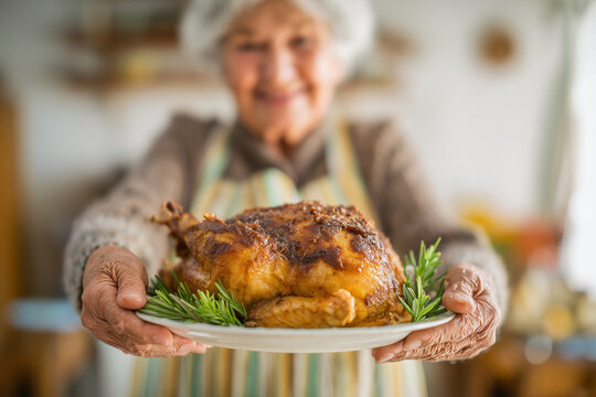 Offering Thanksgiving Dinner with Homemade Turkey from Elderly Cook in Striped Apron Holding Plate Toward Camera for Celebration